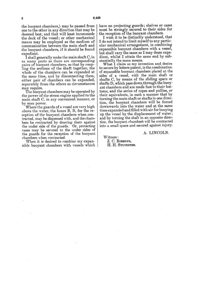 US Patent 6,469, specification page 2, with the claim and Lincoln's name